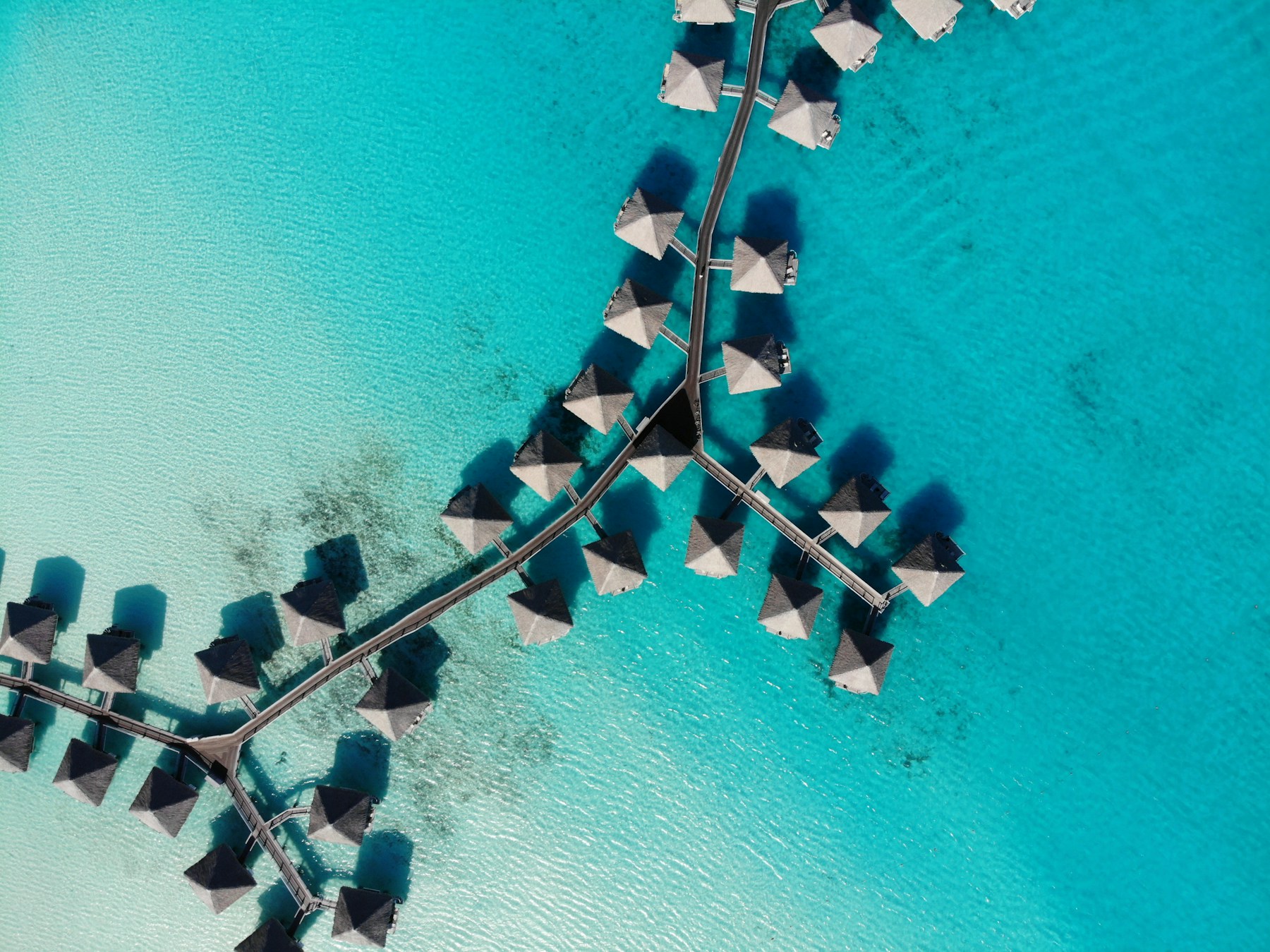 Aerial view across the lagoon and reef at Bora Bora