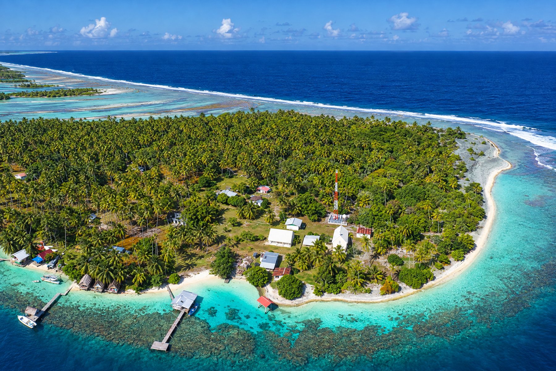 Tetamanu, the old village on the south pass: a coral church from 1874, a pension, a dive club.