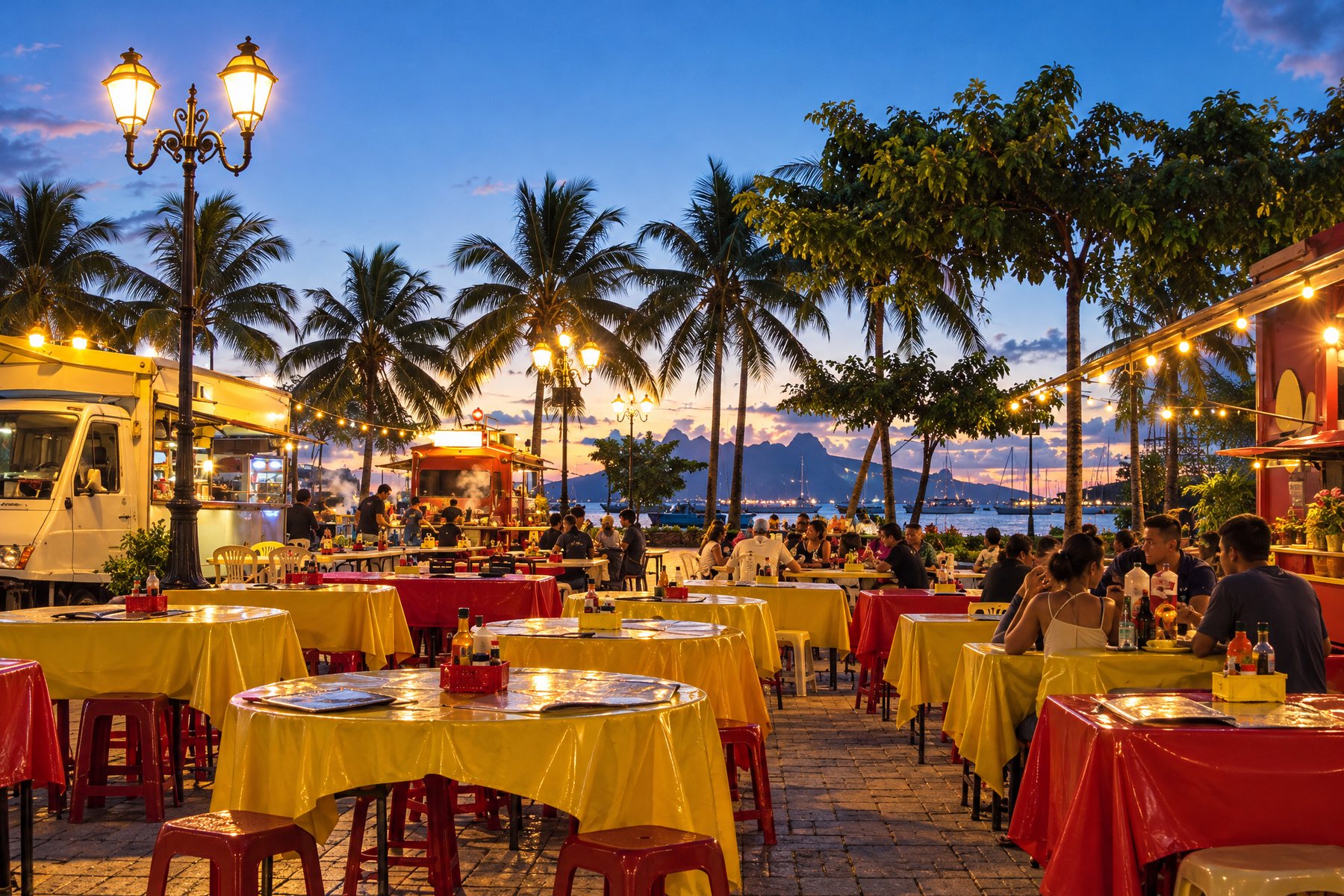 The roulottes at Place Vai'ete, Papeete, at dusk.