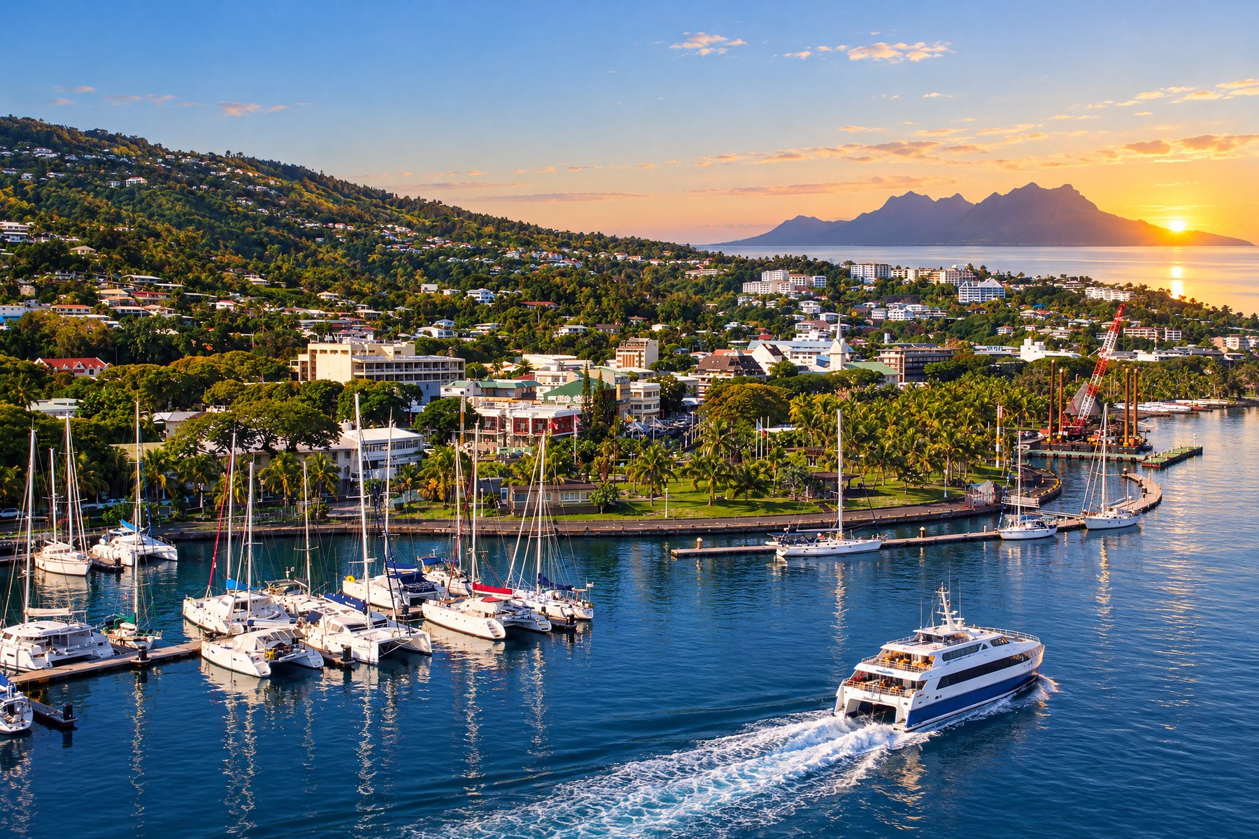 A Moorea ferry leaving Papeete at dawn. Almost every route passes through the capital twice.