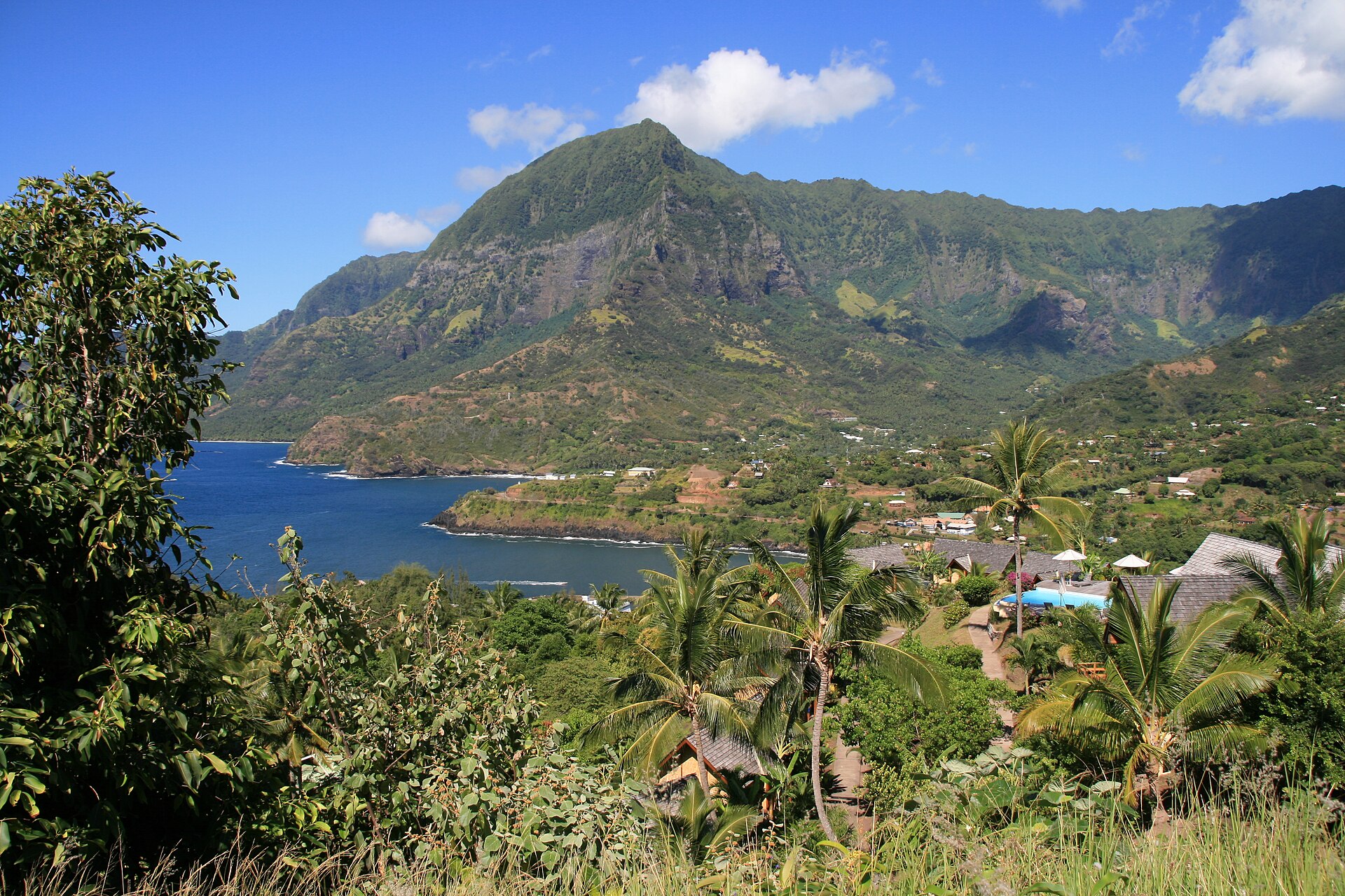 Atuona and its bay beneath Mount Temetiu, Hiva Oa