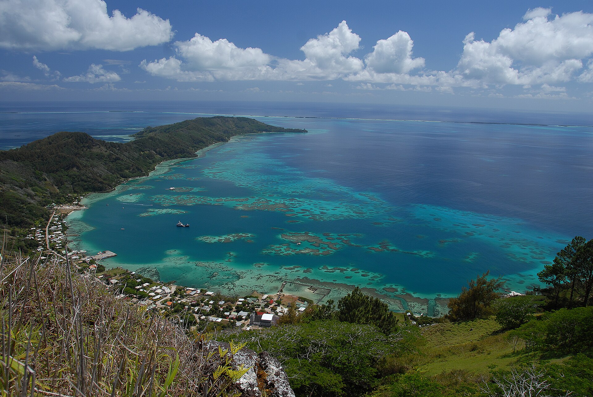 Rikitea village and the lagoon from the slopes of Mangareva