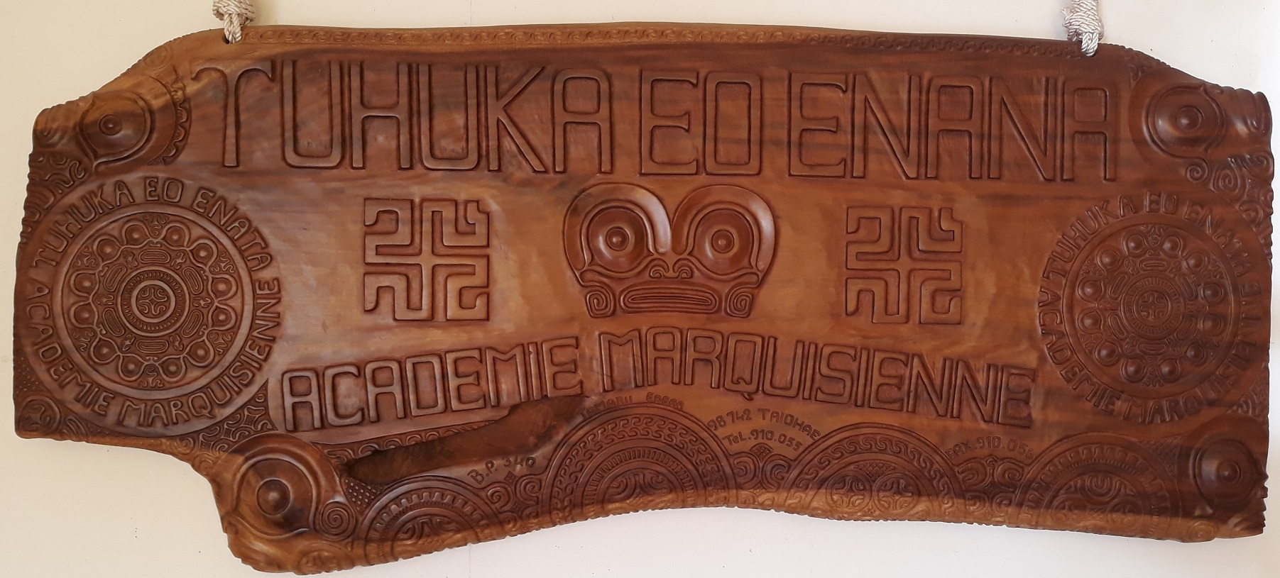 Carved signage of the Marquesan Academy in Taiohae