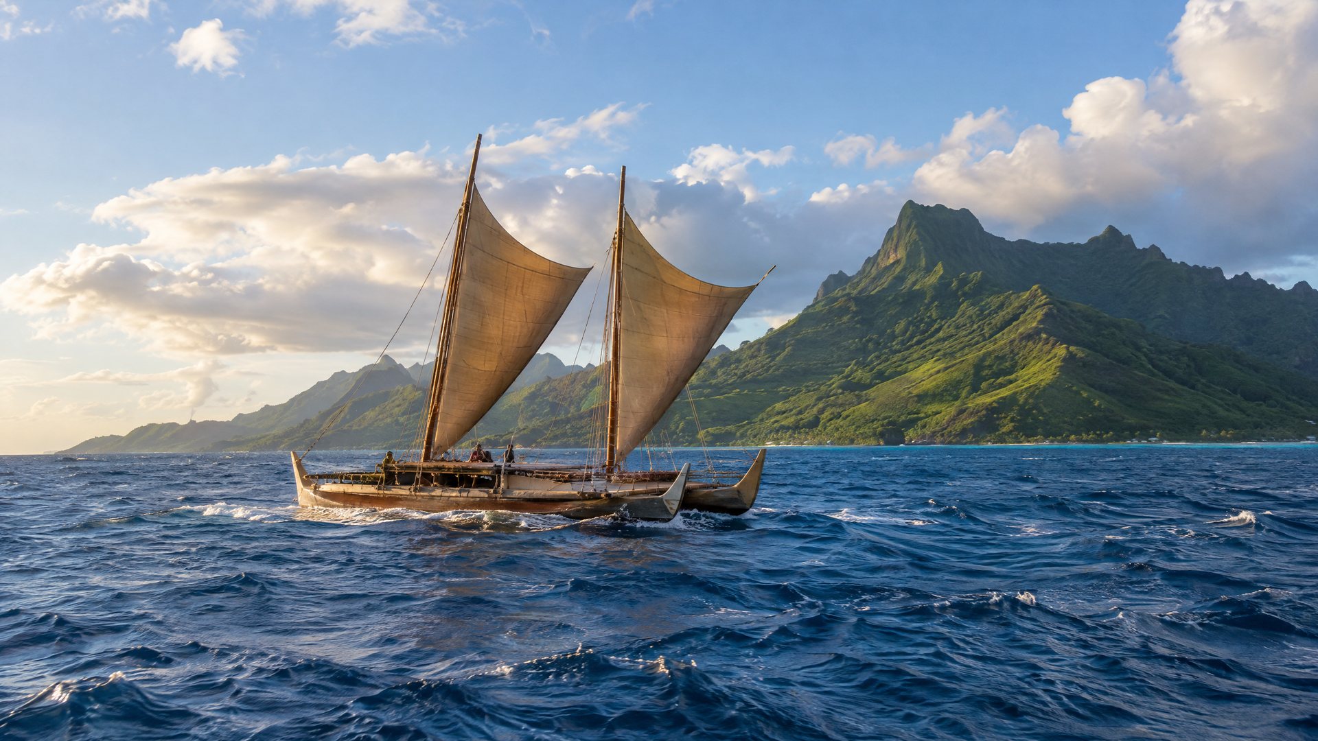 A double-hulled voyaging canoe under sail. Taputapuātea on Raiatea, Tupaia's island, hosts canoes from across Polynesia.