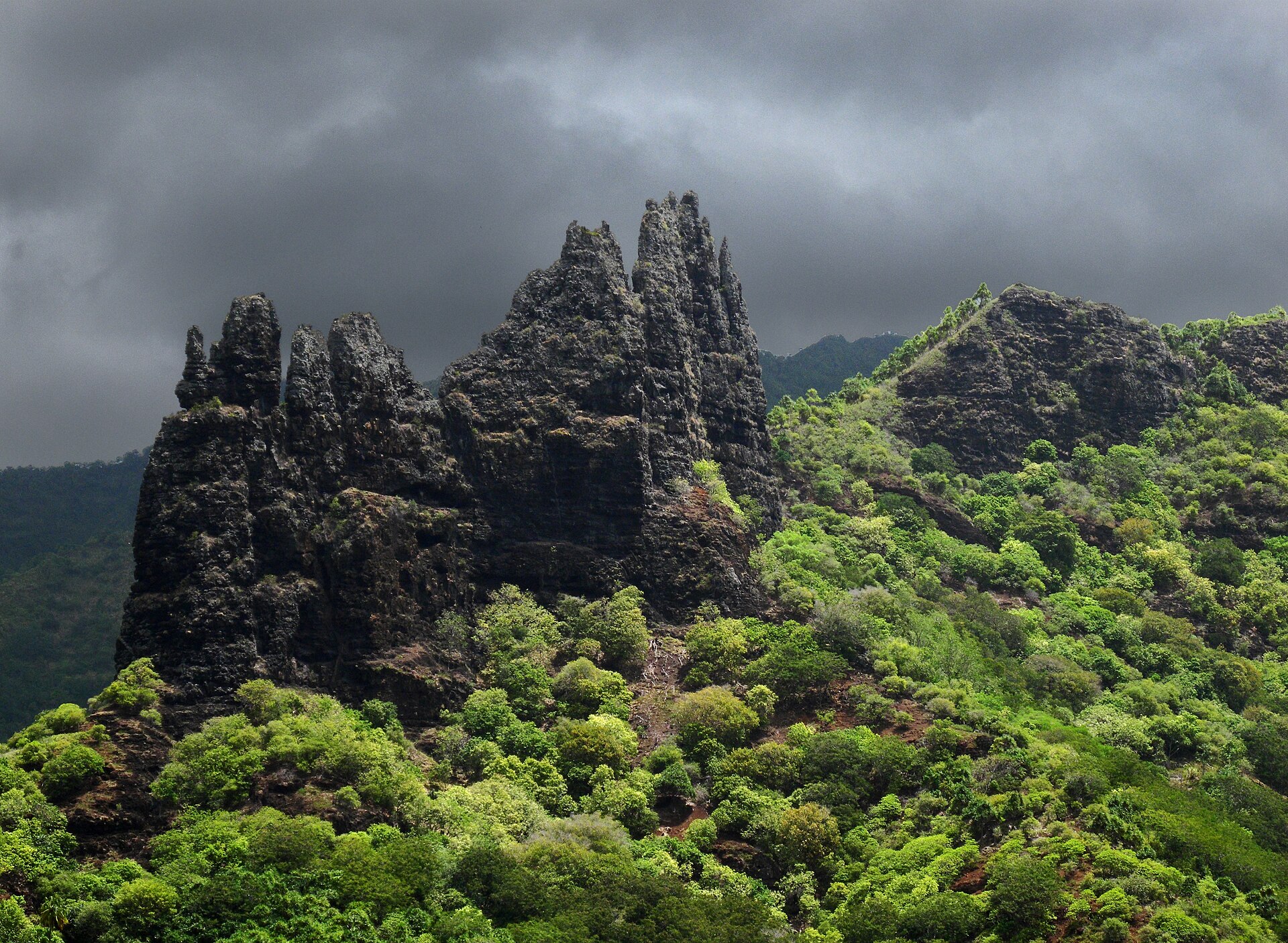 Basalt towers above Hatiheu Bay