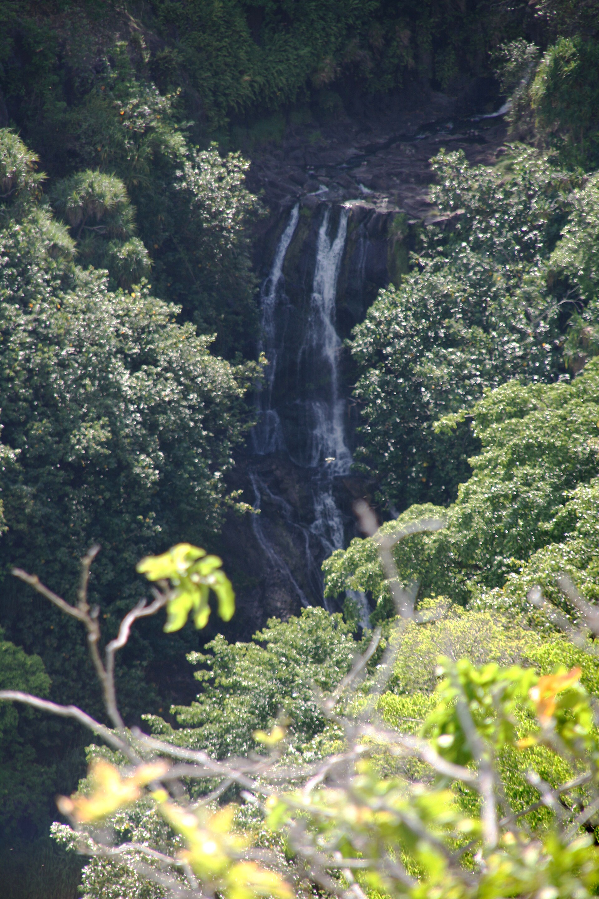 A waterfall pouring off Nuku Hiva's cliffs