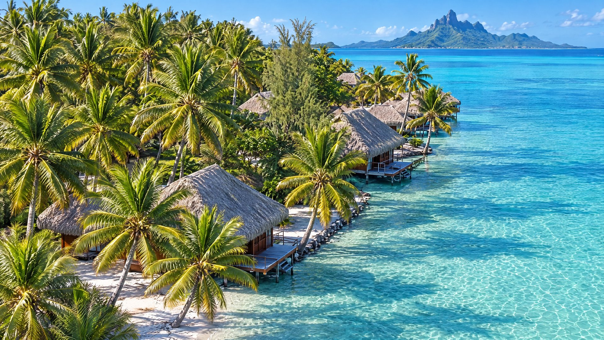The descendants: a line of overwater bungalows on a motu off Taha'a, with Bora Bora on the horizon.