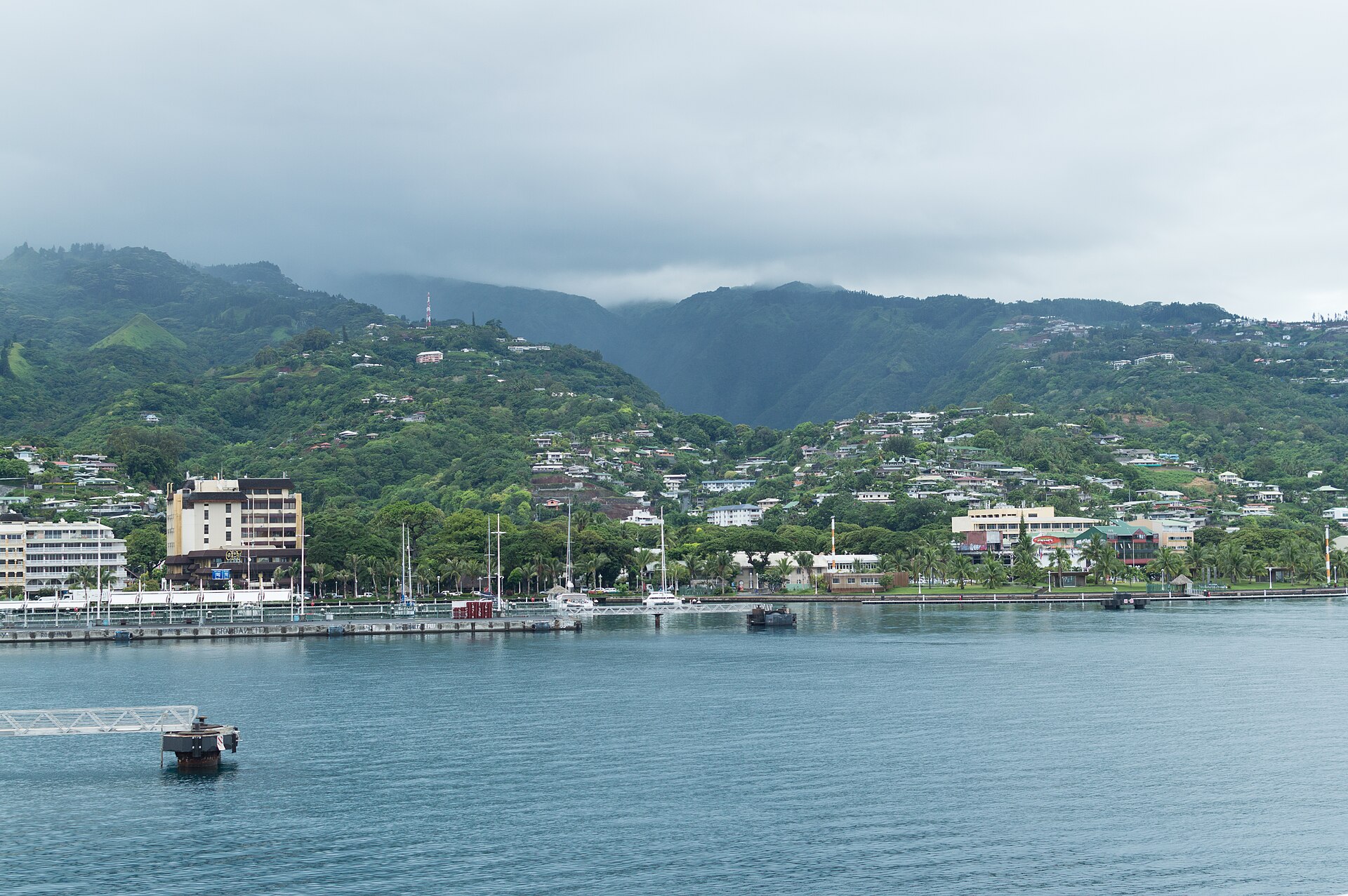 Papeete's harbour front with mountains behind