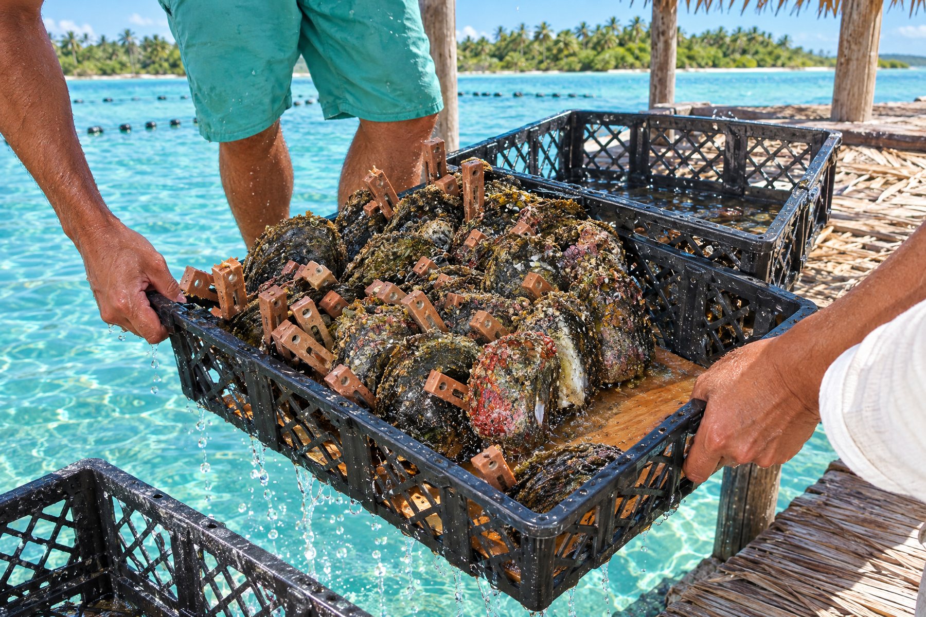 Strings of black-lipped oysters lifted from a Gambier lagoon.