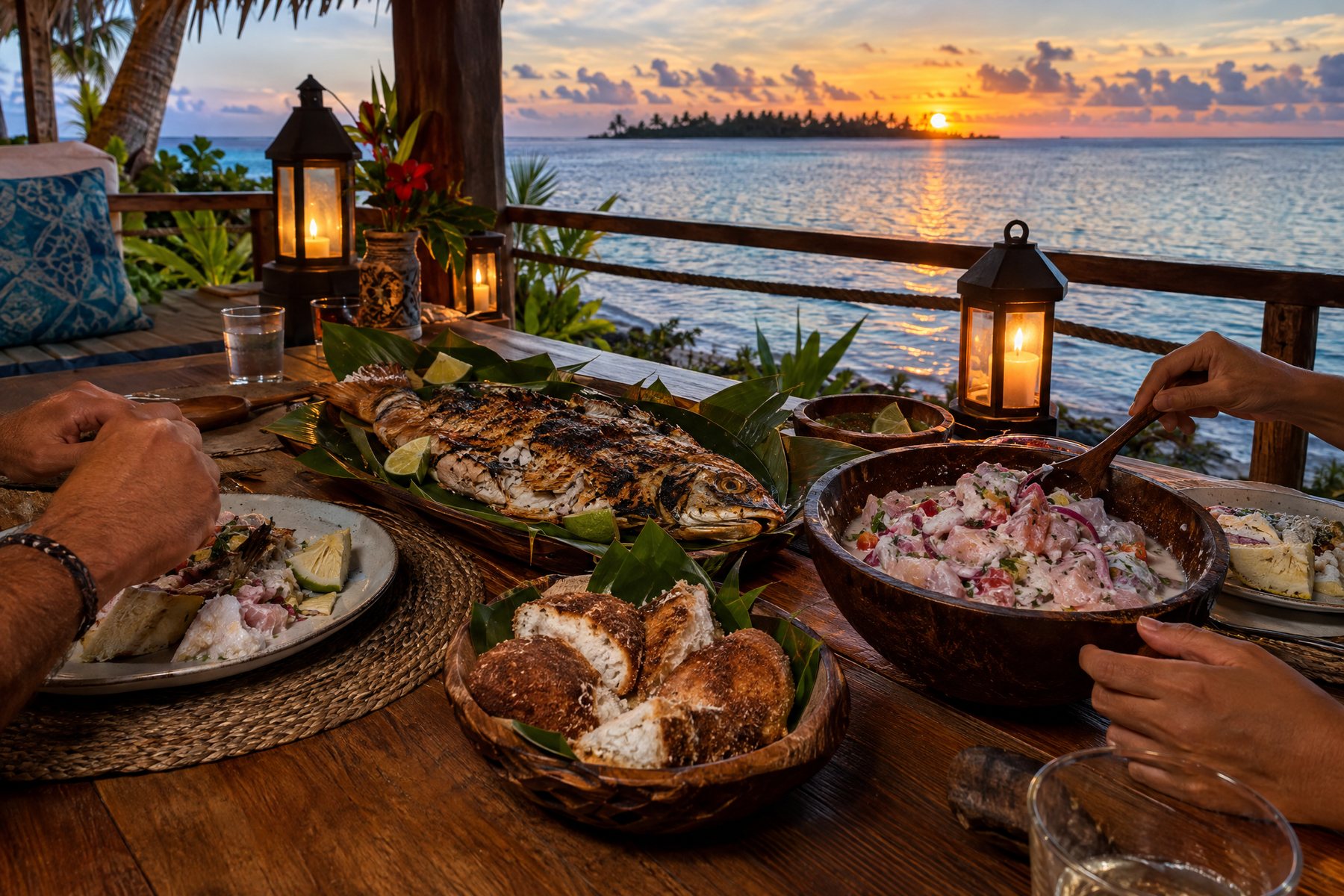 A pension dinner on an atoll: grilled lagoon fish, poisson cru, breadfruit, coconut bread.