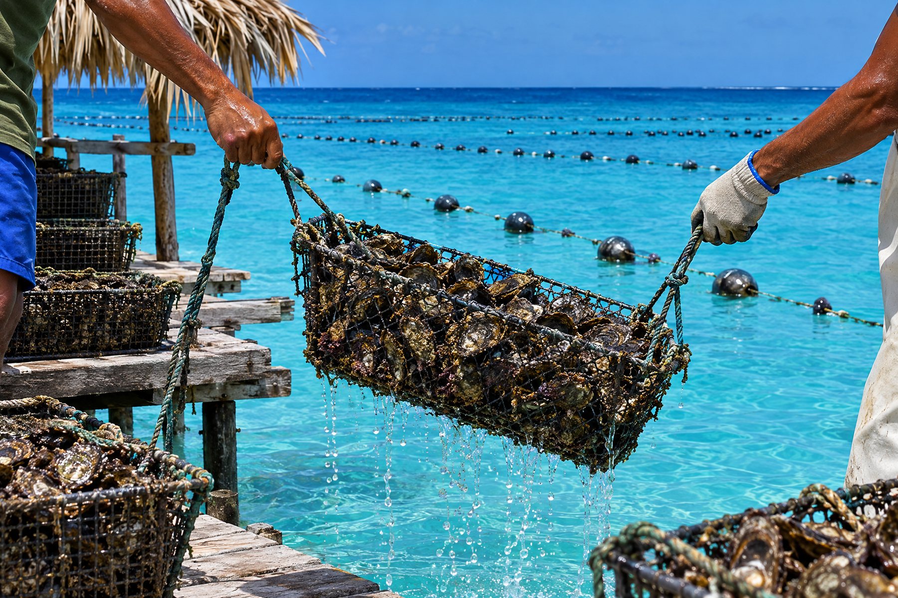 Oyster baskets lifted at a Rangiroa farm.