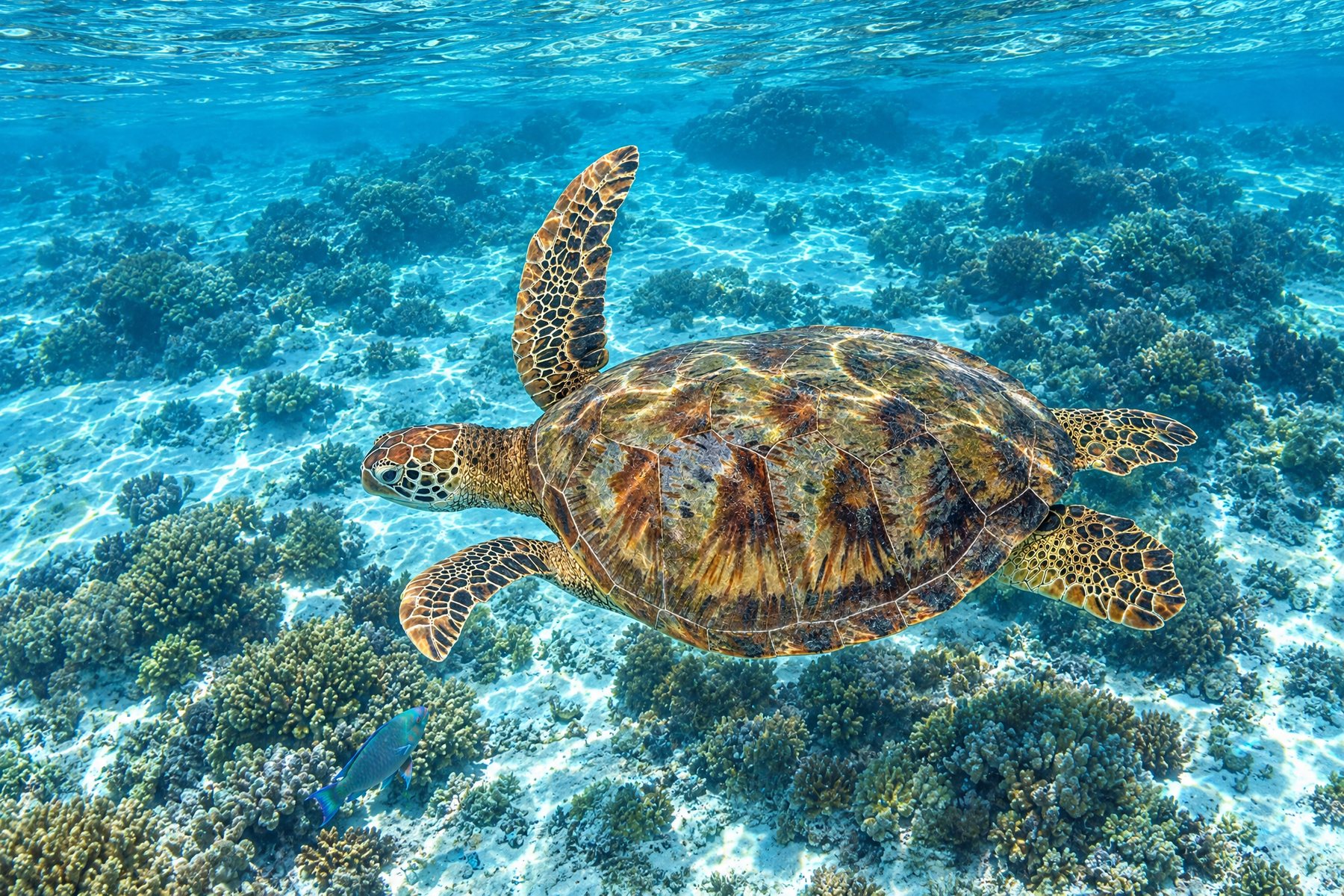 A green turtle over the coral garden. Fins off the bottom, two metres from anything with a shell.