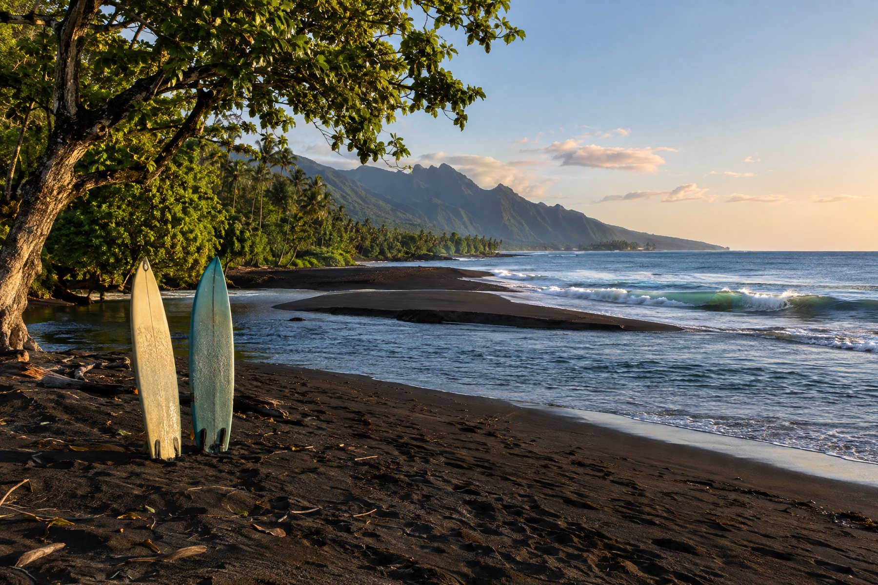 Taharu'u at Papara: a black-sand beach break at a river mouth, with schools, rentals and the picnic area. The learner spot.