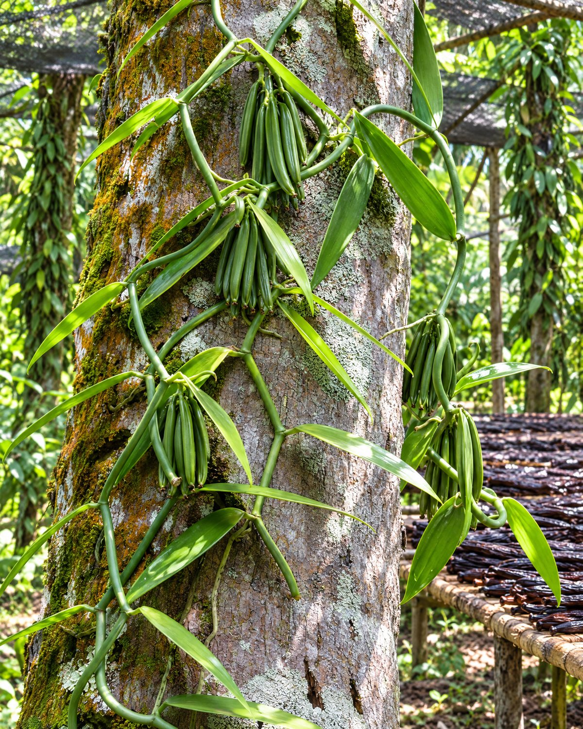 Vanilla vines on a shade trellis, Taha'a.