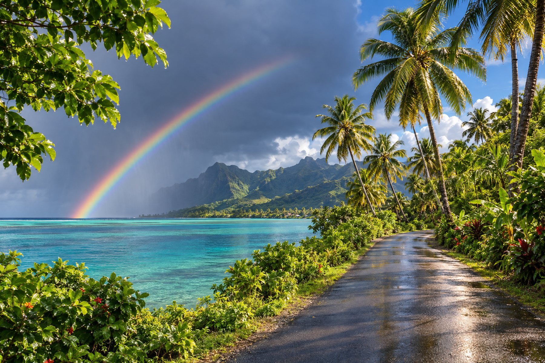 A shower passing over Huahine. Dry-season squalls and wet-season weeks of sun both happen. Build a trip that survives a rainy morning.